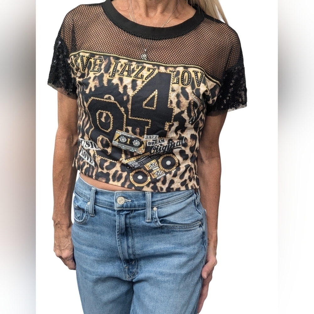 Roberto Cavalli Size 40 Y2K Mesh Leopard Graphic Crop Top Italy